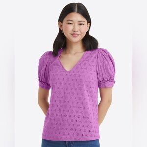 Draper James Heidi V Neck Purple Eyelet puff sleeve top size small
